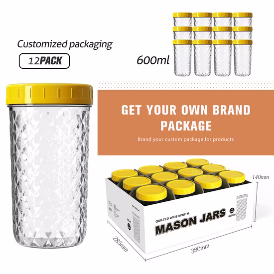 팩 12 600ml 20oz 와이드 입 유리 메이슨 통조림 항아리 절임 통조림 용 플라스틱 뚜껑 포함 밤새 귀리 과일 보존 잼 젤리