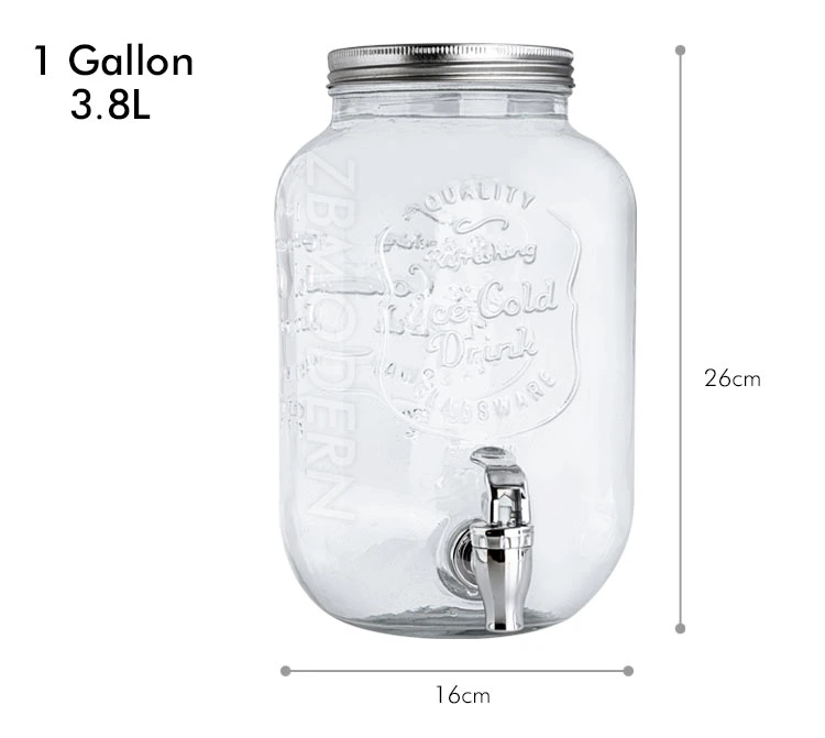 1 Gallon Glass Beverage Dispenser 3.8 L Glass Mason Jar Storage Canister with Airtight Metal Lid Metal Stand