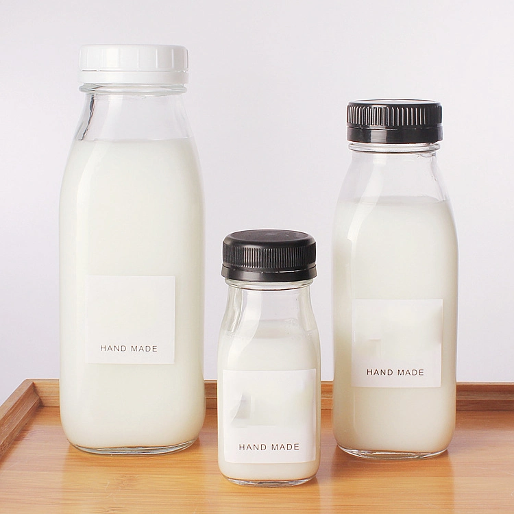 10oz 12oz 16oz 32oz French Square Glass Milk Bottle Juice Beverage Bottle with Plastic Tamperproof Cap/Lid 330ml